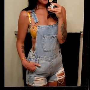 Distressed Denim Overall Shorts